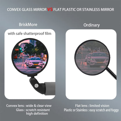 BriskMore Bike Mirrors, HD Glass, Convex Lens, 2 Pieces, Safer Rearview Mirror, Adjustable Handlebar, Wider View, Bike Mirrors for Scooters, Racing Bikes, Mountain Bikes.