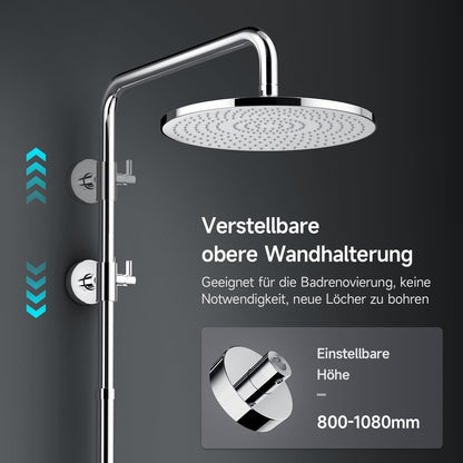 Rainsworth rain shower without fittings Chrome, 25 cm round rain shower and 3 spray modes shower head, shower system, shower column shower set for shower