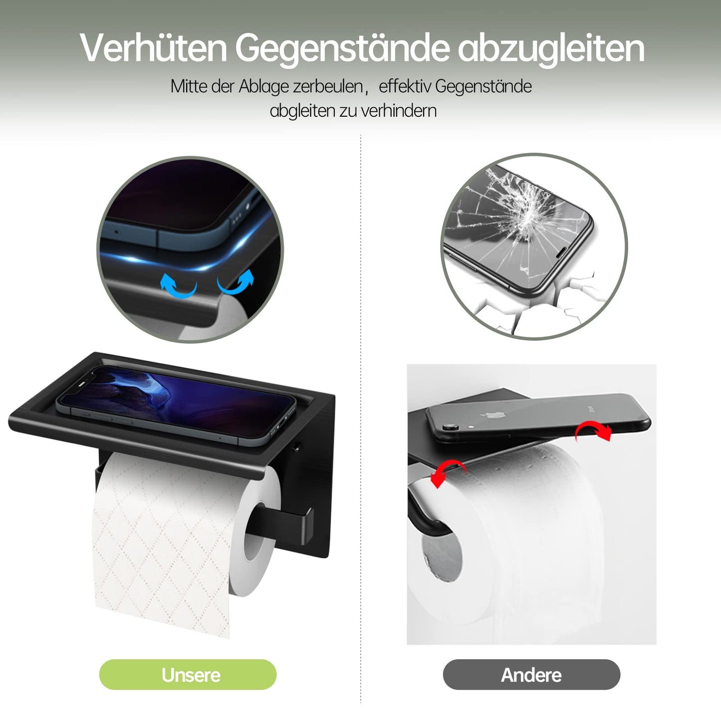 Acmetop toilet paper holder without drilling, aluminum TP holder with 17 cm shelf. Self-adhesive toilet paper holder with 2 adhesive hooks for wall mounting. Toilet roll holder for kitchen and bathroom in black.