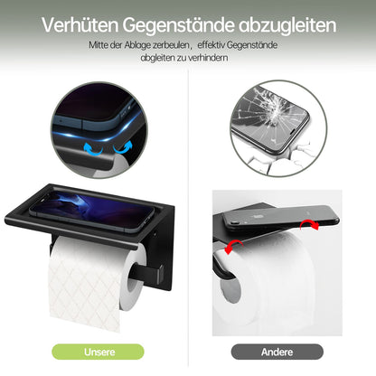 Acmetop toilet paper holder without drilling, aluminum TP holder with 17 cm shelf. Self-adhesive toilet paper holder with 2 adhesive hooks for wall mounting. Toilet roll holder for kitchen and bathroom in black.