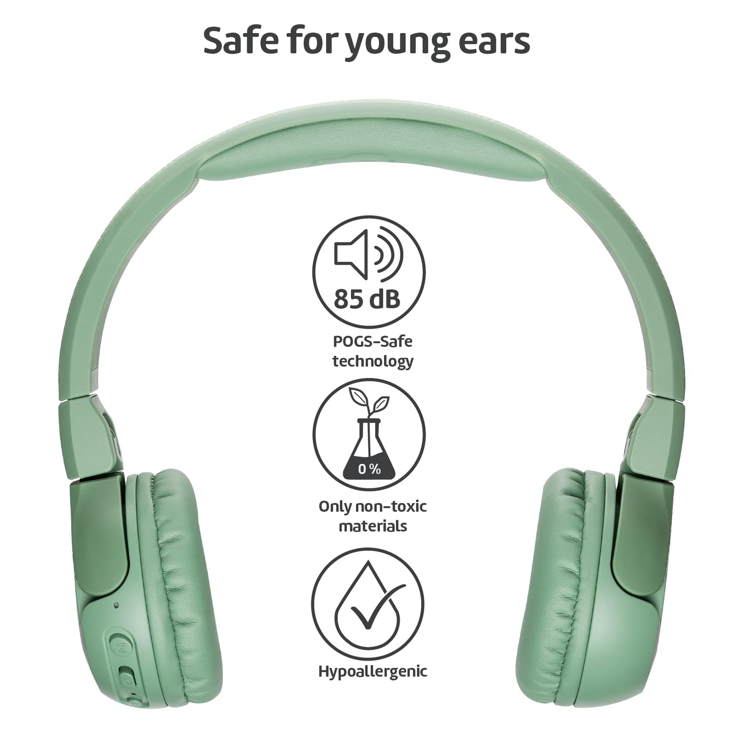 POGS Wireless Bluetooth Kids Headphones | The Gecko 2 | Foldable durable kids headphones for ages 3+ | Volume limit 70-85 dB | Microphone | On-ear | Wireless music sharing feature (Green)