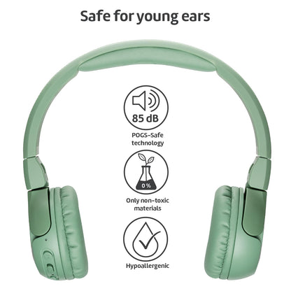 POGS Wireless Bluetooth Kids Headphones | The Gecko 2 | Foldable durable kids headphones for ages 3+ | Volume limit 70-85 dB | Microphone | On-ear | Wireless music sharing feature (Green)