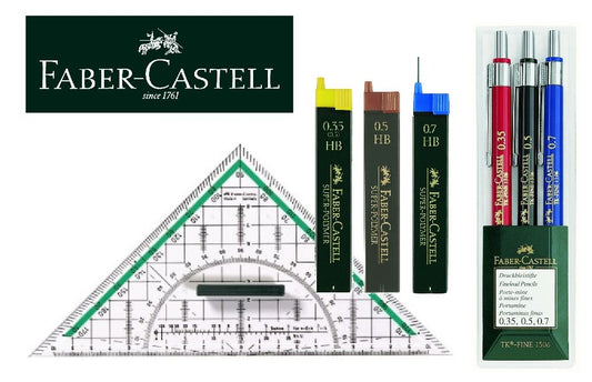 Faber-Castell Clever Geo Set 130622 mechanical pencil TK-FINE 3-piece case includes 0.35 mm, 0.5 mm, and 0.7 mm + 3 extra lead refills + 177090 - large triangular ruler with grip (1, Geo Clever Set)