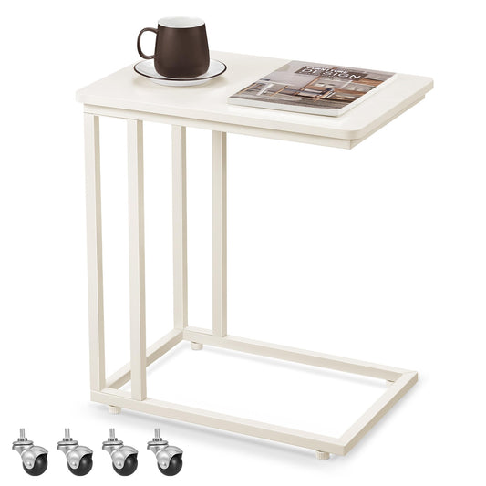 VASAGLE Side Table, C-Shaped Sofa Table with Wheels, Mobile Coffee Table, 35 x 50 x 60 cm, Living Room Table with Metal Frame, for Coffee and Laptop, Modern, Cream White LNT050W77