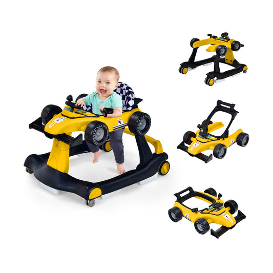 COSTWAY 4 in 1 baby walker, foldable with adjustable height & speed, car-shaped design with music box, lights & wheels, suitable for babies from 6 months, can hold up to 12kg weight (yellow)