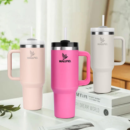 WALLFID 40oz stainless steel thermos cup, vacuum insulated with lid, 3 straws, and 1 straw brush. For hot and cold drinks, perfect for coffee, tea, smoothies, and more. (Pink)