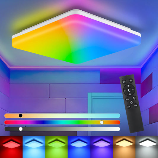 IEGLED LED ceiling light dimmable RGB color changing, 24W 2400LM LED ceiling lamp dimmable with remote control, LED bulb RGB, IP54 bathroom light living room light children's room light hallway light 28x28x4.8cm