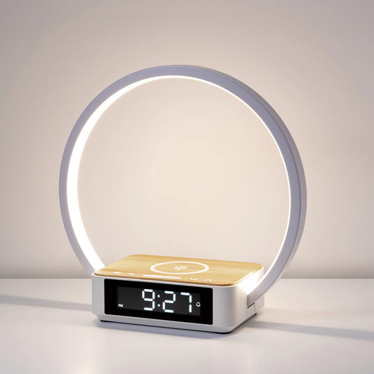 WILIT LED bedside lamp with charging function, light alarm clock with clock, bedside lamps touch dimmer bedroom with 3 brightness levels, 10W wireless charger, wood