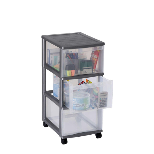 Rotho OPTIMO Tower drawer unit, sturdy plastic rolling cart with 3 drawers, silver body and transparent drawers, approx. 38.5 x 30 x 65.5 cm.
