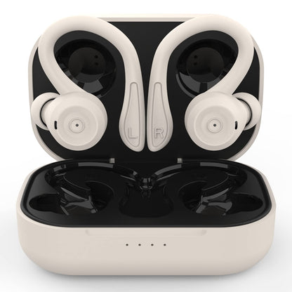 Bluetooth sport headphones in-ear, waterproof and sweatproof. Wireless with noise cancellation, microphone, and ear hooks for training, running, cycling. Compatible with iOS and Android, in beige color.