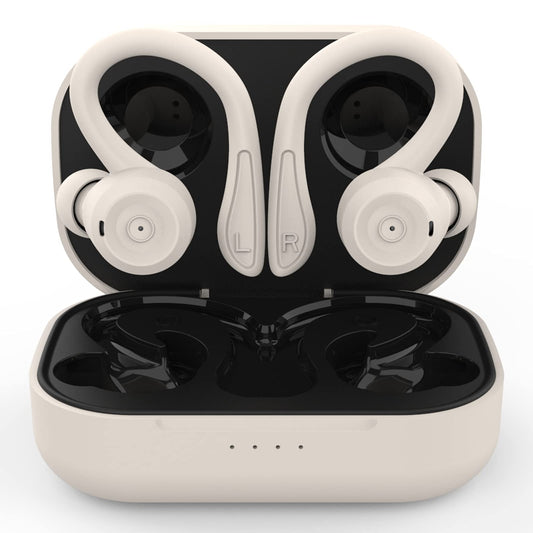 Bluetooth sport headphones in-ear, waterproof and sweatproof. Wireless with noise cancellation, microphone, and ear hooks for training, running, cycling. Compatible with iOS and Android, in beige color.