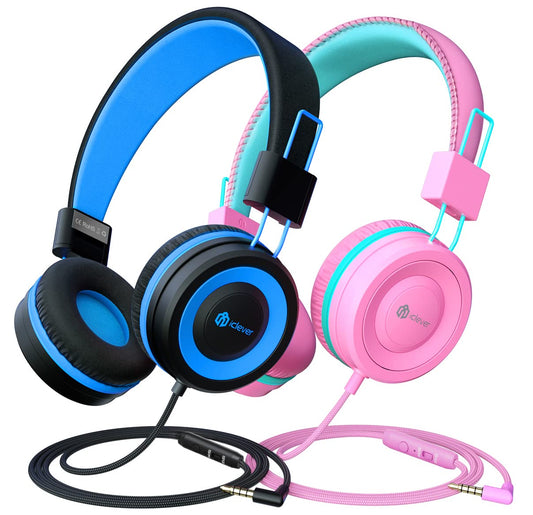 iClever Kids Headphones 2 Pack, Wired Headphones for Kids with MIC, Volume Control Adjustable Headband, Foldable On-Ear Headphones for School Plane