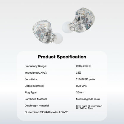 LINSOUL Kiwi Ears Orchestra Lite Performance Custom 8BA In-Ear Monitor IEM with Detachable 4-Wire 7N Oxygen-Free Copper OFC Cable, Handcrafted Faceplate (Clear)