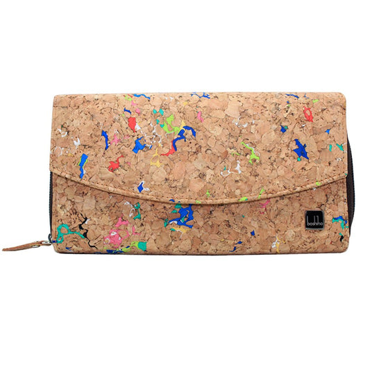 Boshiho cork wallet for women, sustainable vegan purse made from large cork with zipper. Features multiple compartments, ideal vegan gift.