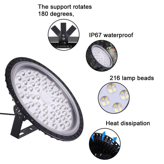 LED industrial lamp, 200W LED high bay light industrial warehouse lighting workshop lighting chandelier, beam angle 120°, German optical PC lens