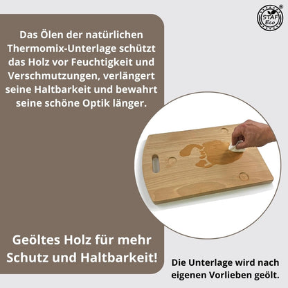STAFECO Premium Wood Slide Board for Thermomix TM6 TM5 - Stable and stylish base with swiveling wheels, vibration damping, and worktop protection (natural wood)