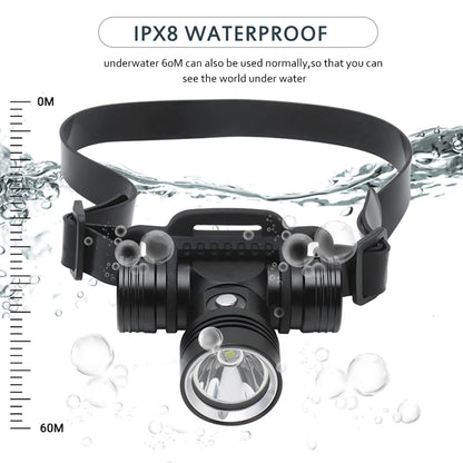 LUXJUMPER diving headlamp USB rechargeable super bright 5000 lumens 3 modes headlight underwater 60M IPX8 waterproof dive lights swim spotlight with 2 * 18650 batteries & charger