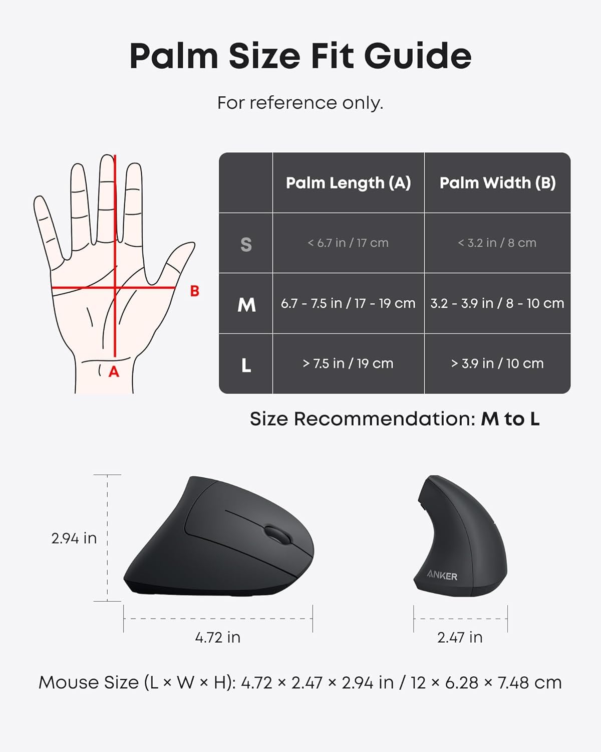 Anchor 2.4G Wireless Vertical Ergonomic Optical Mouse for Windows and Mac OS, USB, 800/1200/1600 DPI, 5 buttons