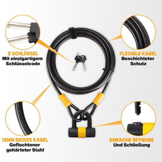 VINZ Kinabalu cable lock/loop cable ø12mm | 15 meters long | Steel cable with plastic coating lock | Security for bike motorcycle accessories boat patio furniture | 3-15 meters long