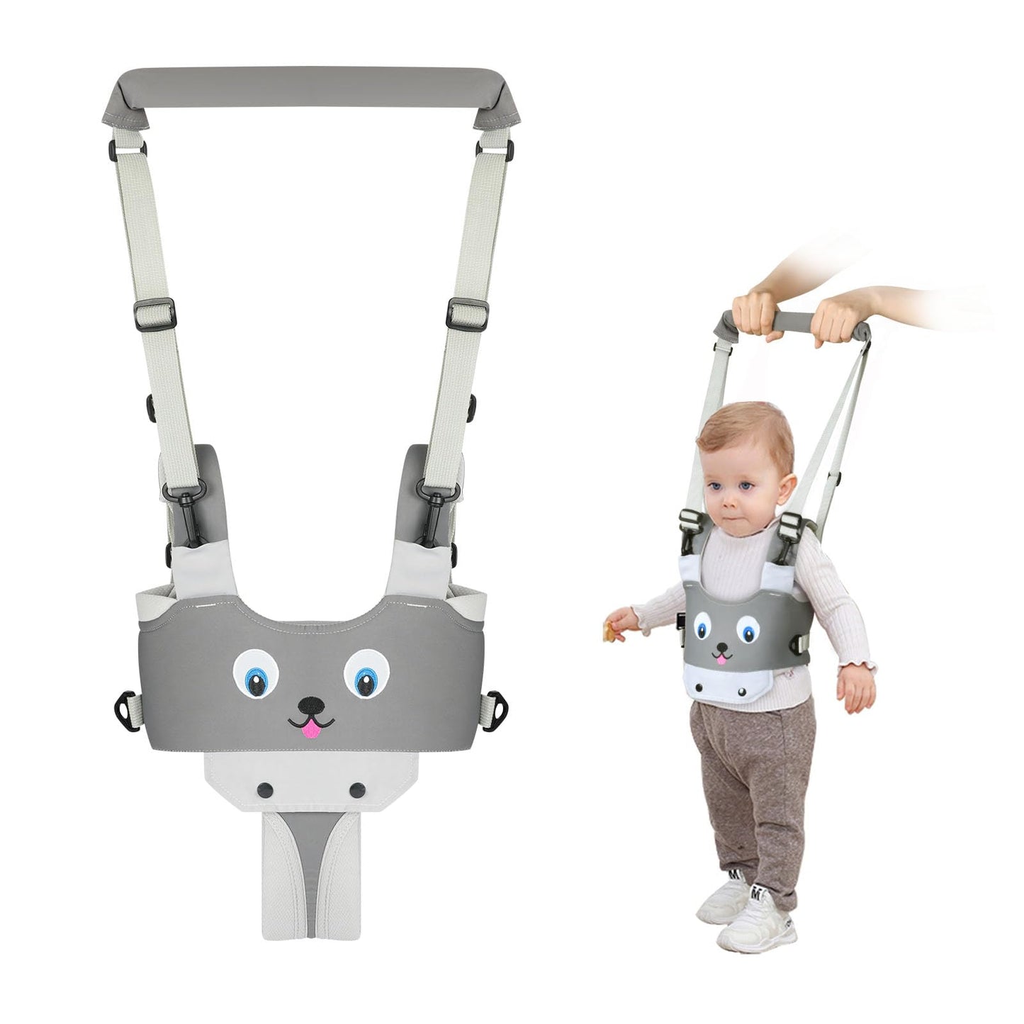 Vicloon Baby Walking Helper Walking Aid for Baby, Adjustable with Safety Buckle and Magic Stickers, Breathable Standing Walking Learning Helper Walker (Puppy - gray)