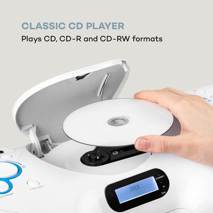 auna Spacewoofer DAB Boombox with CD player - portable speaker, music box, 40 watts, FM radio, DAB+, Bluetooth, USB, AUX IN, LED light effects, can be powered by mains or batteries, includes remote control, white