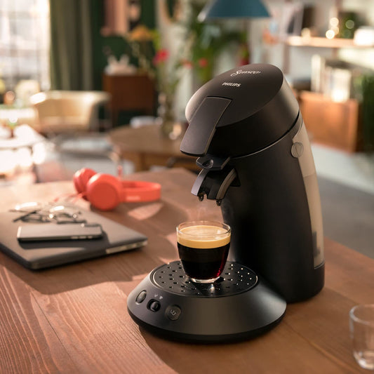Philips Original Plus Eco Coffee Pod Machine, coffee strength selection, Coffee Boost Technology, 80%* recycled plastic, 45%** less energy consumption, brews 2 cups simultaneously, piano black finish (CSA210/22)