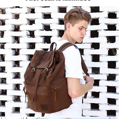 AUGUR Retro Canvas Backpack, Vintage Style Backpack for 15-17 Inch Laptop, School Backpack, Travel Bag, Leather Backpack, Waterproof (Large Coffee)