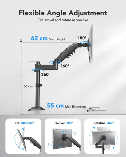 HUANUO 13-34 inch monitor mount for LCD LED screen holds 2-9 kg, gas spring monitor arm, single arm monitor stand VESA 75/100 mm, 360° rotation, 180° swivel