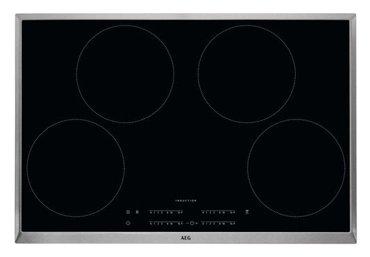 AEG IKB8443AXB Induction Hob with Hob²Hood, Slider Control, 80 cm, Stainless Steel Frame, 4 Cooking Zones, Power Function, Child Lock