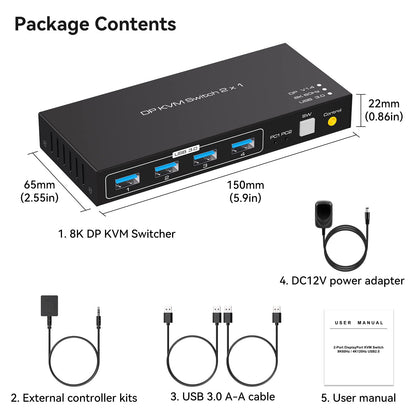VPFET KVM Switch with DisplayPort support 4K120HZ 8K60HZ DP 1.4 Switcher for 2 computers share keyboard mouse printer with 4 port USB 3.0 including desktop control and 2 USB cables.