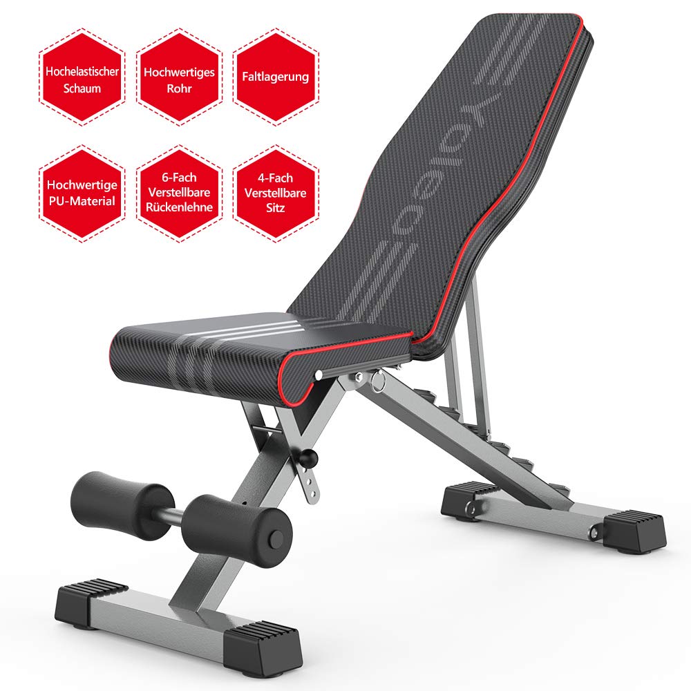 YOLEO folding weight bench Multifunction Training Fitness Bench Abdominal Trainer Incline Bench with 6-position Adjustable Backrest/3-position Adjustable Seat Cushion, Load Capacity 300kg (Elegant Black-Red)