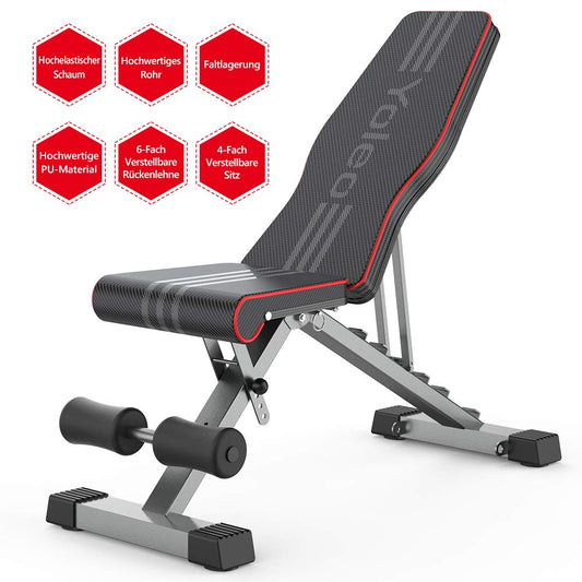 YOLEO folding weight bench Multifunction Training Fitness Bench Abdominal Trainer Incline Bench with 6-position Adjustable Backrest/3-position Adjustable Seat Cushion, Load Capacity 300kg (Elegant Black-Red)