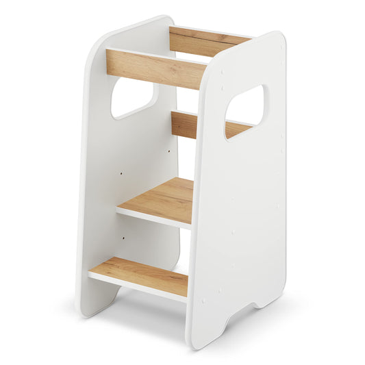 defiPad learning tower from 1 year - 3 levels adjustable in height, safe & stable - Learning Tower with tilt protection - Montessori learning tower for children - Made in the EU White - White & Oak