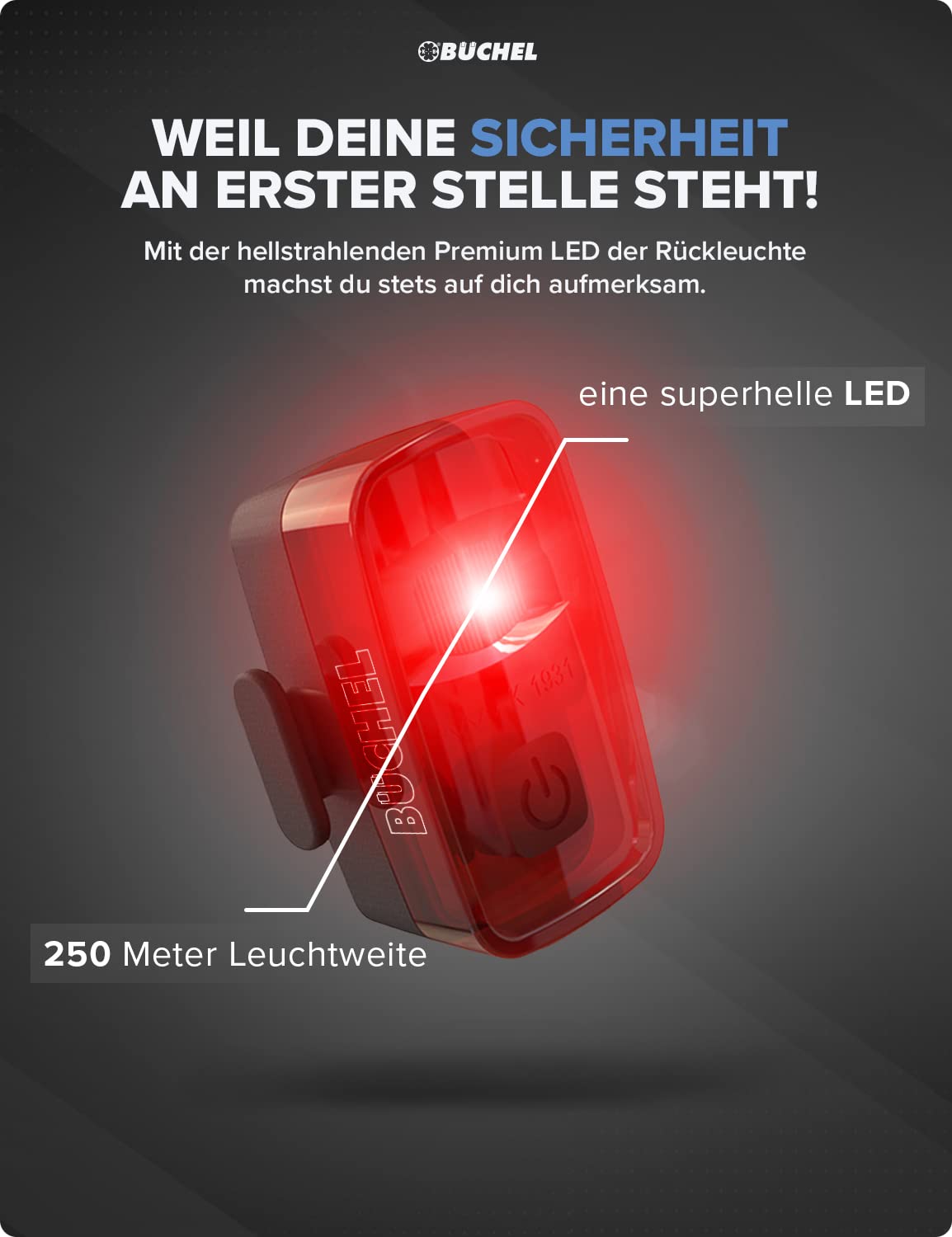 Büchel Ahead bicycle lights set I 35/15 lux design centered on the handlebar StVZO approved Rechargeable LED bike light for front + rear taillight, bike light, black