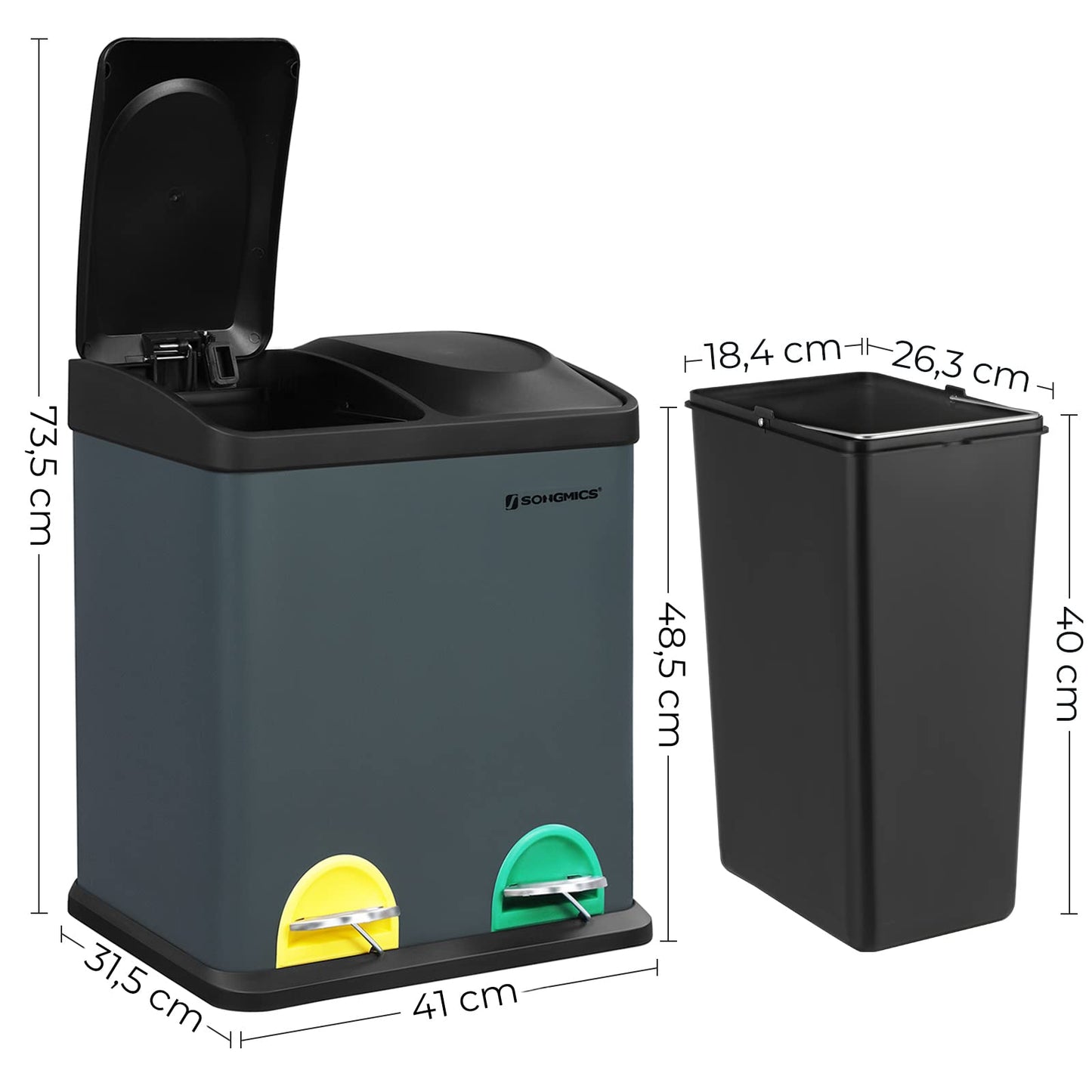 SONGMICS trash can 30 liters, waste separation, 2 x 15 liters, garbage can, step trash can with inner bins, colored pedals, waste recycling system for the kitchen, smoke gray-black LTB30G