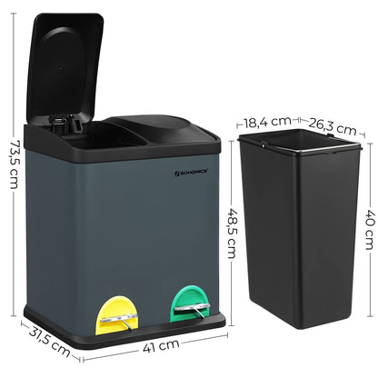 SONGMICS trash can 30 liters, waste separation, 2 x 15 liters, garbage can, step trash can with inner bins, colored pedals, waste recycling system for the kitchen, smoke gray-black LTB30G