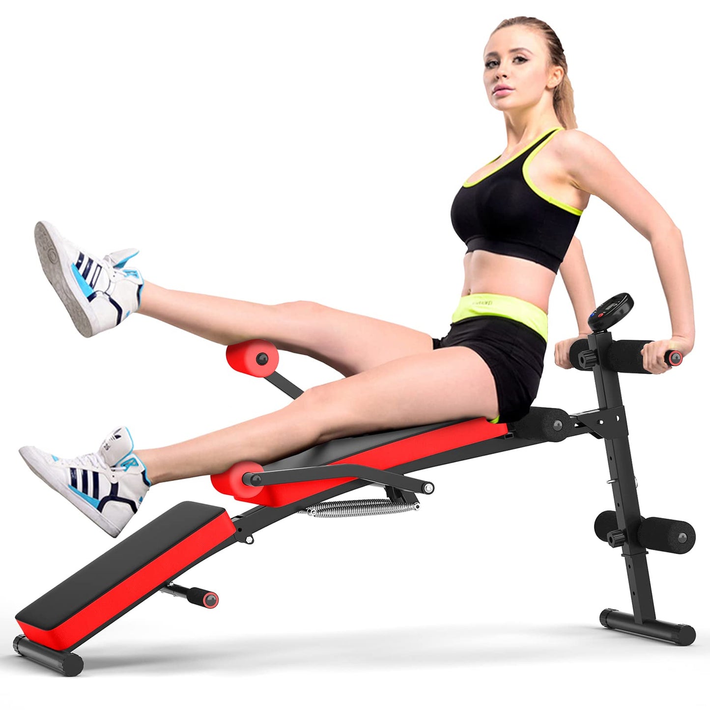 COSTWAY Foldable Sit Up Bench, 5 levels adjustable training bench with monitor, incline bench, home trainer up to 150kg load capacity for sit-ups and leg lifts (Red)