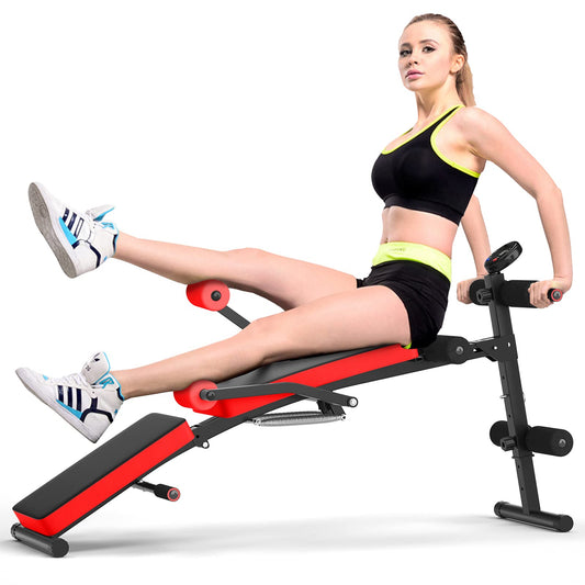 COSTWAY Foldable Sit Up Bench, 5 levels adjustable training bench with monitor, incline bench, home trainer up to 150kg load capacity for sit-ups and leg lifts (Red)