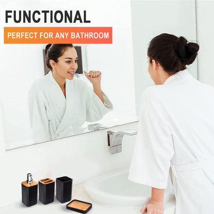 Serlium 7-Piece Bathroom Accessory Set, Bamboo ABS Toothbrush Cup Set, Soap Dispenser Set with Lotion Pump, Trash Can, Toothbrush Holder, Toilet Brush, and Soap Dish for Home Hotel