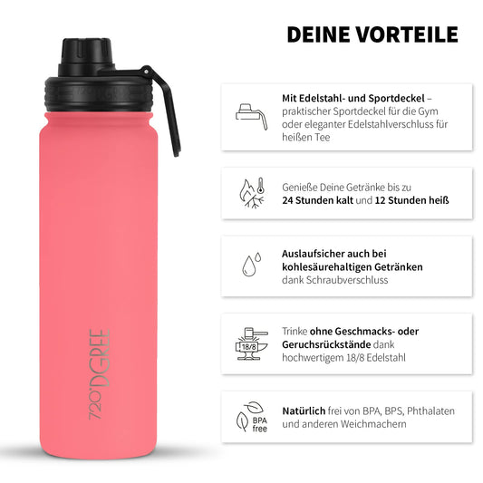 720°DGREE Stainless Steel Bottle 950ml "noLimit" - Leakproof, Carbonation Suitable, BPA-Free - Thermos Bottle, Insulated Bottle with Screw Cap for Sports, Fitness, Outdoor + Free Sports Lid