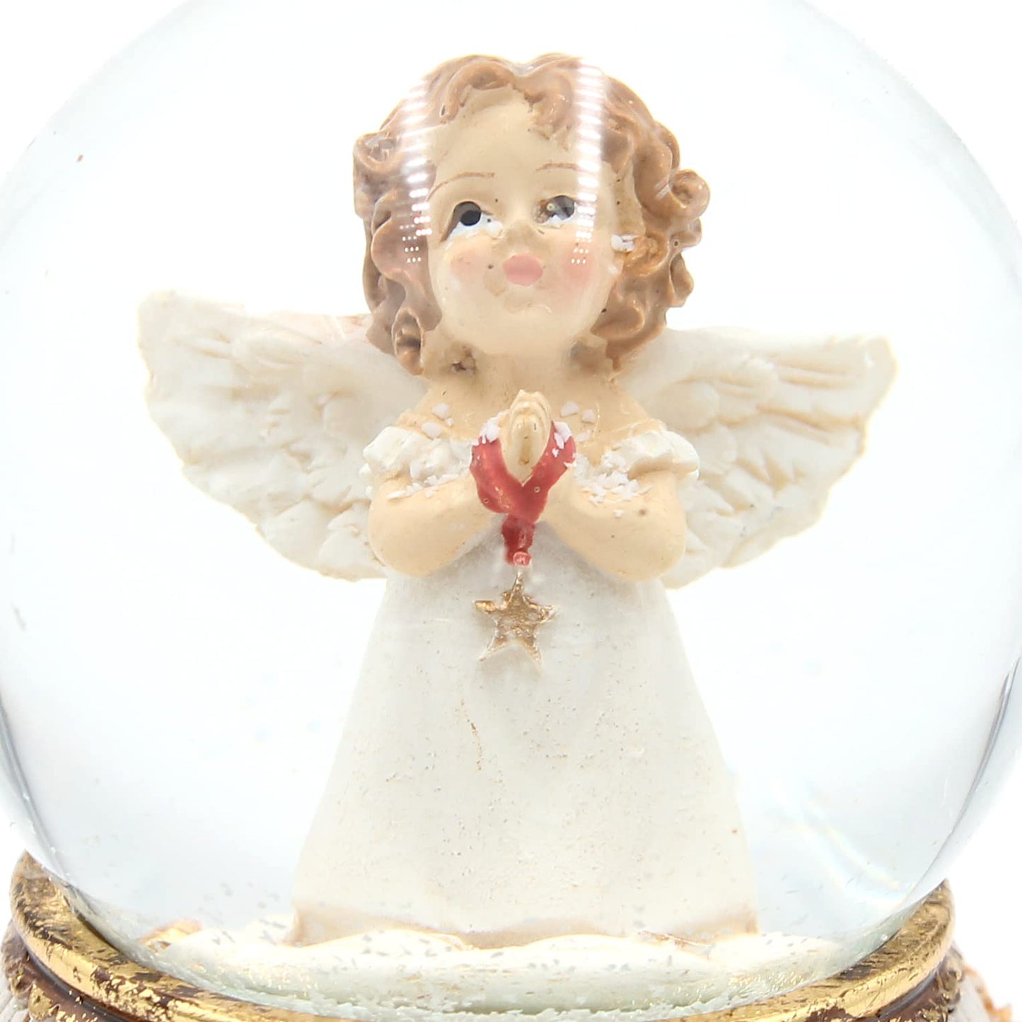 Snow globe/shake ball standing angel with star in hand, antique base with roses, size L/W/H approx. 8 x 6.5 x 8 cm, Ø ball 6 cm.