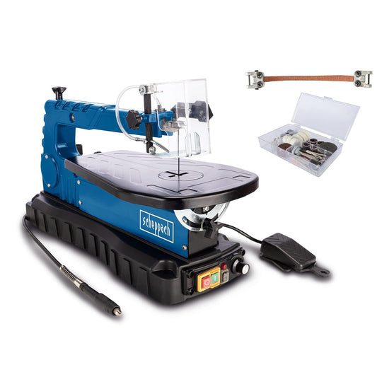Scheppach scroll saw DECO MAX + 64pcs. tool set | 90W power | Cutting height/depth: 50/405 mm | Stroke rate 550 - 1500 SPM | includes flexible shaft