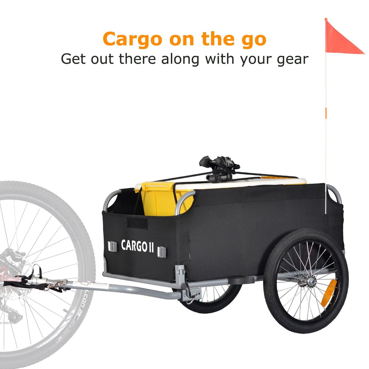 Tiggo Cargo II bike cargo trailer with 130 liters volume. Foldable bike trailer for transporting loads.