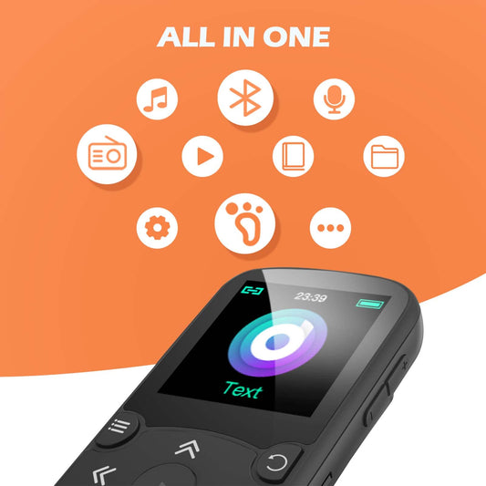 AGPTEK MP3 Player Bluetooth 5.3 Sport 32GB with 1.5 inch TFT color screen, Mini Music Player with clip, supports up to 128GB TF card, with volume button, FM radio, pedometer, Black.