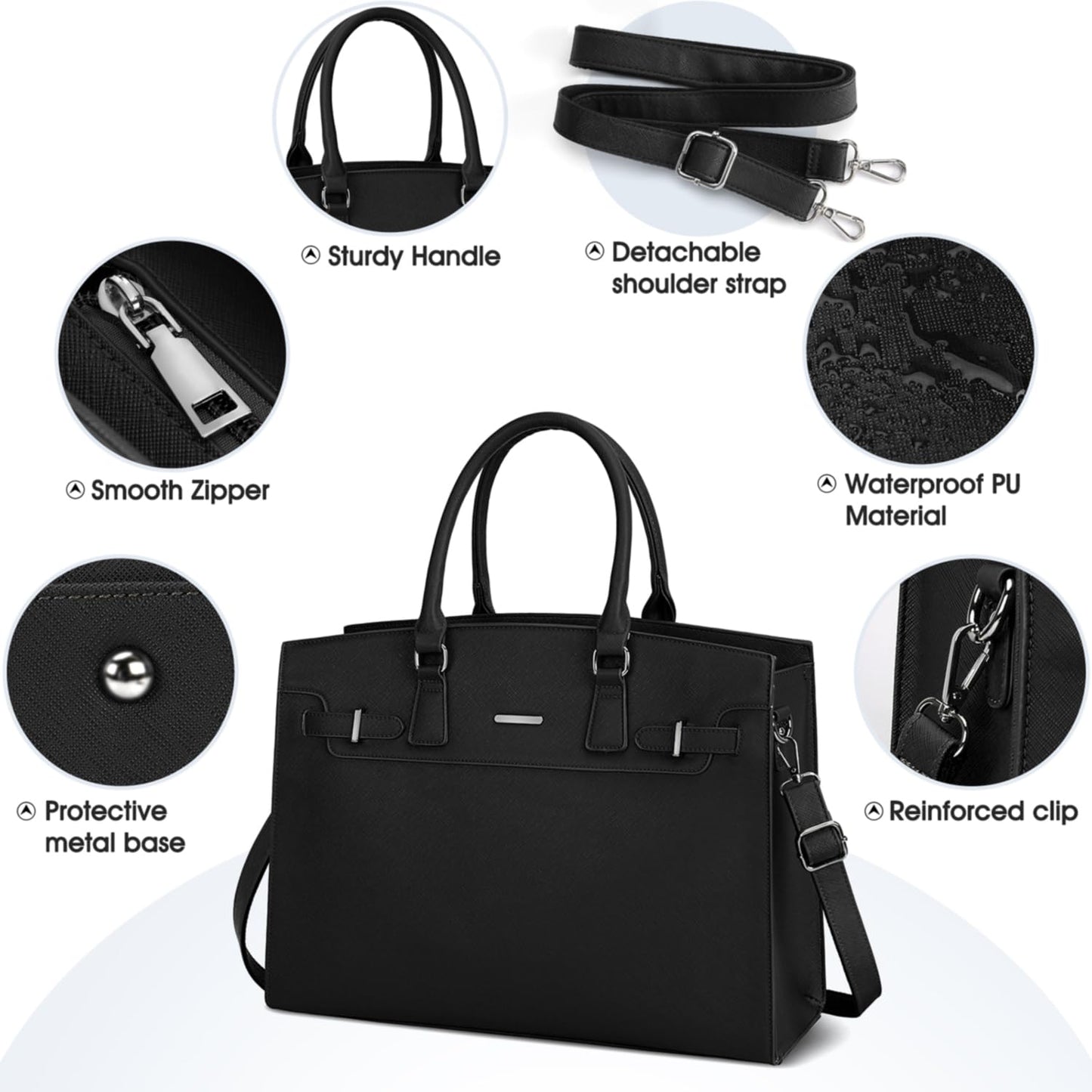 IGOLUMON women's handbag shopper large black laptop bag 15.6 inch PU leather shoulder bag waterproof for business office work teacher bag school