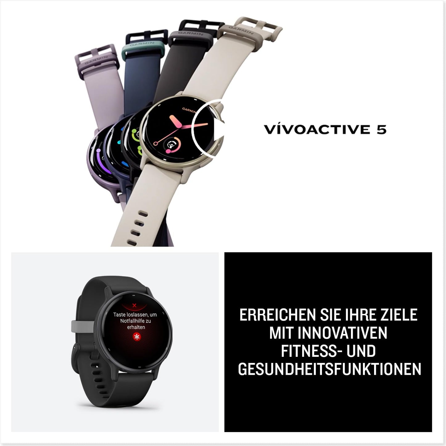 Garmin Vivoactive 5 - GPS smartwatch with 1.2" AMOLED touch display, fitness and health features, and music functions.