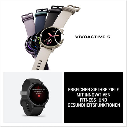 Garmin Vivoactive 5 - GPS smartwatch with 1.2" AMOLED touch display, fitness and health features, and music functions.