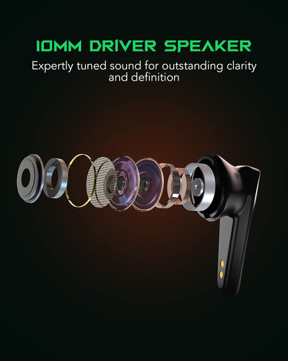 Black Shark wireless Bluetooth headphones with ultra-low latency of 55 ms, Bluetooth 5.2 gaming earbuds with dual modes, 10mm drivers, 35h playtime, IPX4 waterproof, 4 microphones.