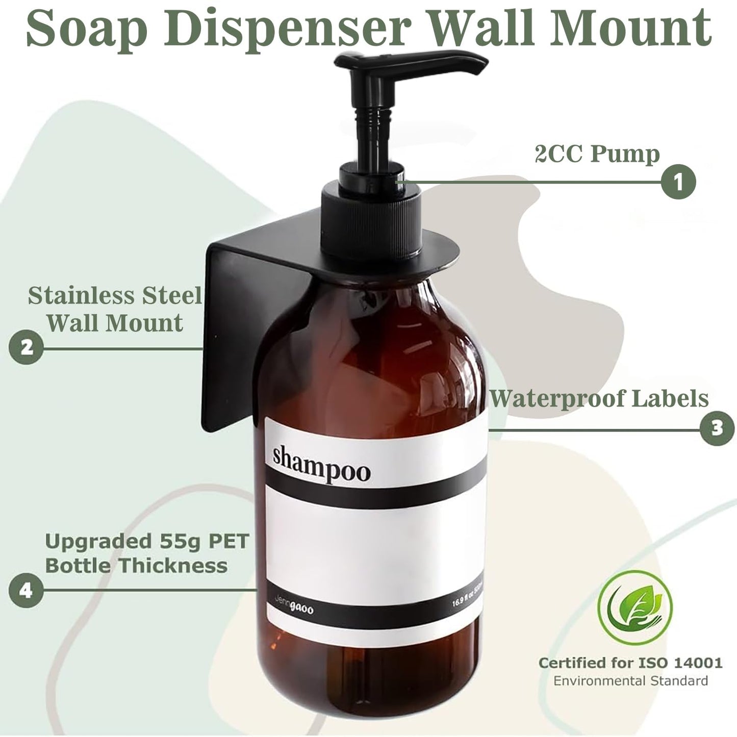 3 pieces Soap Dispenser Wall Mount, 500ml Shampoo Conditioner Body Wash Dispenser with Pump and Waterproof Labels for Kitchen Bathroom (With Stainless Steel Wall Mounts, Amber, No Drilling)