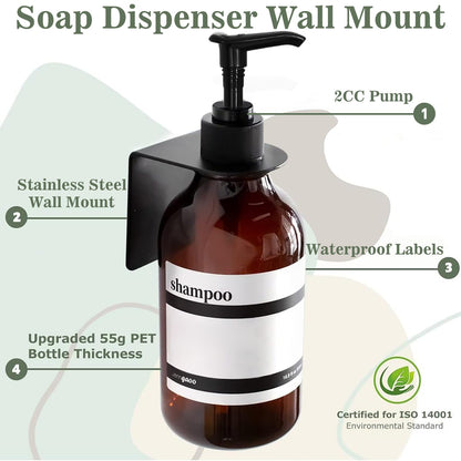 3 pieces Soap Dispenser Wall Mount, 500ml Shampoo Conditioner Body Wash Dispenser with Pump and Waterproof Labels for Kitchen Bathroom (With Stainless Steel Wall Mounts, Amber, No Drilling)